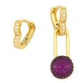 Asymmetric gold heart earrings with ruby zircon ball pendant on white background - Rose Red