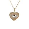 Vista macro del collar de corazón dorado con colgante de ojo turco y piedras circón - Mal de Ojo - Corazón de Pupila Azul