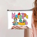 Detail of white canvas makeup bag featuring colorful Maestra teacher theme print - Teacher Theme Rainbow Style (jiayingpbb0265)