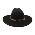Black western wool felt fedora hat featuring brown leather band and bull head metal buckle - Black