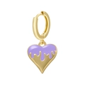 Detail of a gold heart-shaped earring with purple dripping oil effect on white background - Purple