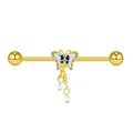 Detail eines goldenen Industrial Barbell mit blauem Schmetterling und Perlen - Gold Blau Schmetterling