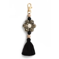 Porte-clés à fleurs avec perles en silicone léopard et longues franges en coton noir - Imprimé Léopard Jaune