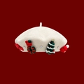 Elegant white wool beret with festive Christmas themed decorative bow and candy cane - Candy Cane Santa Style / White