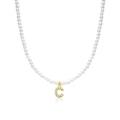 Elegant pearl bead necklace featuring a gold letter C pendant with sparkling zircons - Letter C