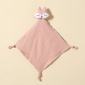 Soft pink muslin baby security blanket featuring an embroidered fox head and knotted corners - Soft Pink