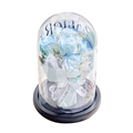Preserved blue and white roses in a glass dome with a premium black base for gifting - Shimmering Blue Rose Bouquet, String Lights and Gift Bag