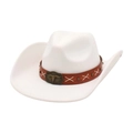Classic white felt cowboy hat with brown leather band and metallic longhorn skull buckle - One Size / White (Brown Bull Head Band)