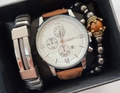 Men's quartz watch with white dial, brown leather strap and black bracelet gift set - Roman Numerals