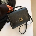 Elegant black embossed small square bag with lotus pattern and white contrast stitching - Black