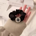 French camellia heart hair scrunchie in black fabric with pearl and rhinestone details - Black Flower