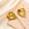 Golden heart-shaped stainless steel stud earrings with elegant wavy relief texture - Horizontal Wave Heart Earrings