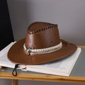 Brown faux leather western cowboy hat with bull head ornament and vintage book background - Adult (55-60cm) / Dark Brown