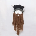 Creative black Viking knight hat with grey trim and long brown knitted braided beard - L (58-60cm) / Brown Beard (Straight Horns)