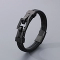 Men's braided black leather bracelet with matte black square metal clasp detail - 21cm / Black (KB166210-KFC)