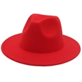 Detailed view of the red wool felt fedora hat featuring a classic wide brim and top indent - M / Red