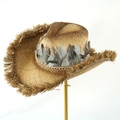 Vintage raffia western cowboy hat with frayed edges and natural feather band decoration - One Size (58cm) / Khaki Grey Feather