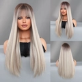 Long straight ombre wig with bangs showing grey blonde gradient and 3-way view - 68CM / Milk Tea Platinum Root Dye