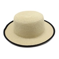 Classic beige woven straw boater hat with flat top and black trim for sun protection - M (56-58cm) / Beige