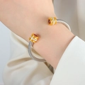 Silver cable twist bangle featuring gold end caps and red zircon stone inlay for women - Z059-Orange Red Zirconia Single Layer