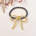 Elastic black hair tie with a textured gold metallic twist bow accessory - Gold Twisted Bow