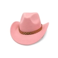 Close-up of pink felt cowboy hat with a brown patterned leather band on white background - One Size / Pink (Gold Hexagon Band)