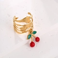 Gold stainless steel wave ring featuring a cute red cherry pendant and adjustable band - Multi-layer Wave Style (J-20028)