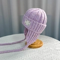 Purple knit earmuff beanie with colorful speckles and stylish chin straps for winter warmth - Knitted Ear Flap Style (XBG-8601) / Purple