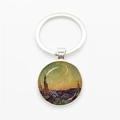 Silver glass dome keychain featuring Van Gogh Starry Night impressionist art painting - Silver-Starry Night Landscape