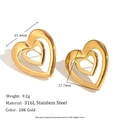 Pendientes de doble corazón hueco en acero 316L chapado en oro 18K, vista lateral con medidas - Pendientes de botón de corazón hueco de doble capa / Dorado