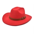 Detailed top view of red wide brim wool felt hat with brown leather buckle strap - M (56-58cm) / Red