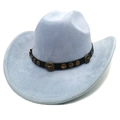 Detail of light blue faux suede cowboy hat with bull head emblem and metal studs - M (56-58cm) / Sky Blue