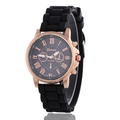 Macro detail of Geneva quartz watch with rose gold case and black silicone strap on a stand - Black