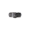 Detail of vintage silver ring featuring cross-wrapped metal wire and industrial texture - Adjustable Open / Twisted Binding