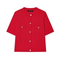 Detailed view of red short sleeve knit cardigan with textured gold buttons and ribbed hem - Red