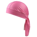 Detailed side view of pink silk satin durag with white stitching and long strap - One Size / Solid Pink