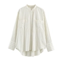 Damen Oversize-Streifenhemd mit Stehkragen, beigefarbener Stoff und schwarze Nadelstreifen - XS / Gestreift