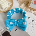 Plush blue and white polka dot bow headband made of soft flannel for washing face - Blue White Polka Dot