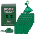 Detailed view of eco-friendly lavender scented pet poop bags with green dispenser - Boxed with Dispenser and Clip / 18 Rolls Set / Green