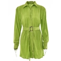 Relaxed grass green ruffled long-sleeve shirt with metal buckle belt and button-down front - S / Green