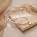 18K gold-plated double-layer pearl necklace with a smooth heart pendant for women - White Pearl + Gold Heart Pendant