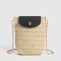 Vertical woven straw mobile phone bag with black PU flap and gold chain strap for summer - Cream-Black