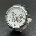 Polished silver metal ring watch featuring a white butterfly dial and Roman numerals - White