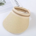 Straw sun visor hat with beige striped elastic band and UPF 50+ UV protection - Rainbow Raffia Straw Style / Beige