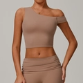 Women's one-shoulder yoga set in taupe, featuring high-stretch top and leggings - S / Coral Coffee