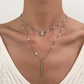 Double-layered silver necklace with pear-shaped zircon and vertical rectangular bar pendant - Silver Drop Zircon & Bar Style (6951)