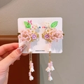 Pink beaded flower hair clips with lily of the valley tassels for girls Hanfu hair accessory - Pink Pearl Beaded Flower