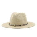 Detail of beige straw hat featuring striped band, wooden beads and gold star charm - M (56-58cm) / Beige