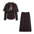 Flat lay of dark brown knit set with elegant cape sweater and skirt plus dot scarf - S / Coffee