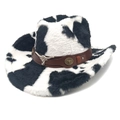 Detail of cow print cowboy hat with plush texture, faux leather band and bull head emblem - M (56-58cm) / Straight Crown Black
